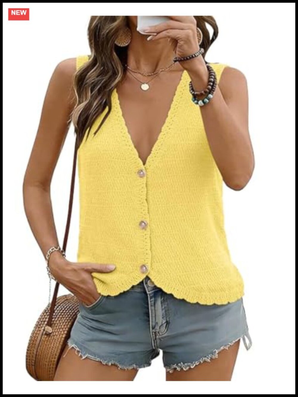 Crochet Sweater Vest Womens Sleeveless V Neck Button Down Knit Tank Top
